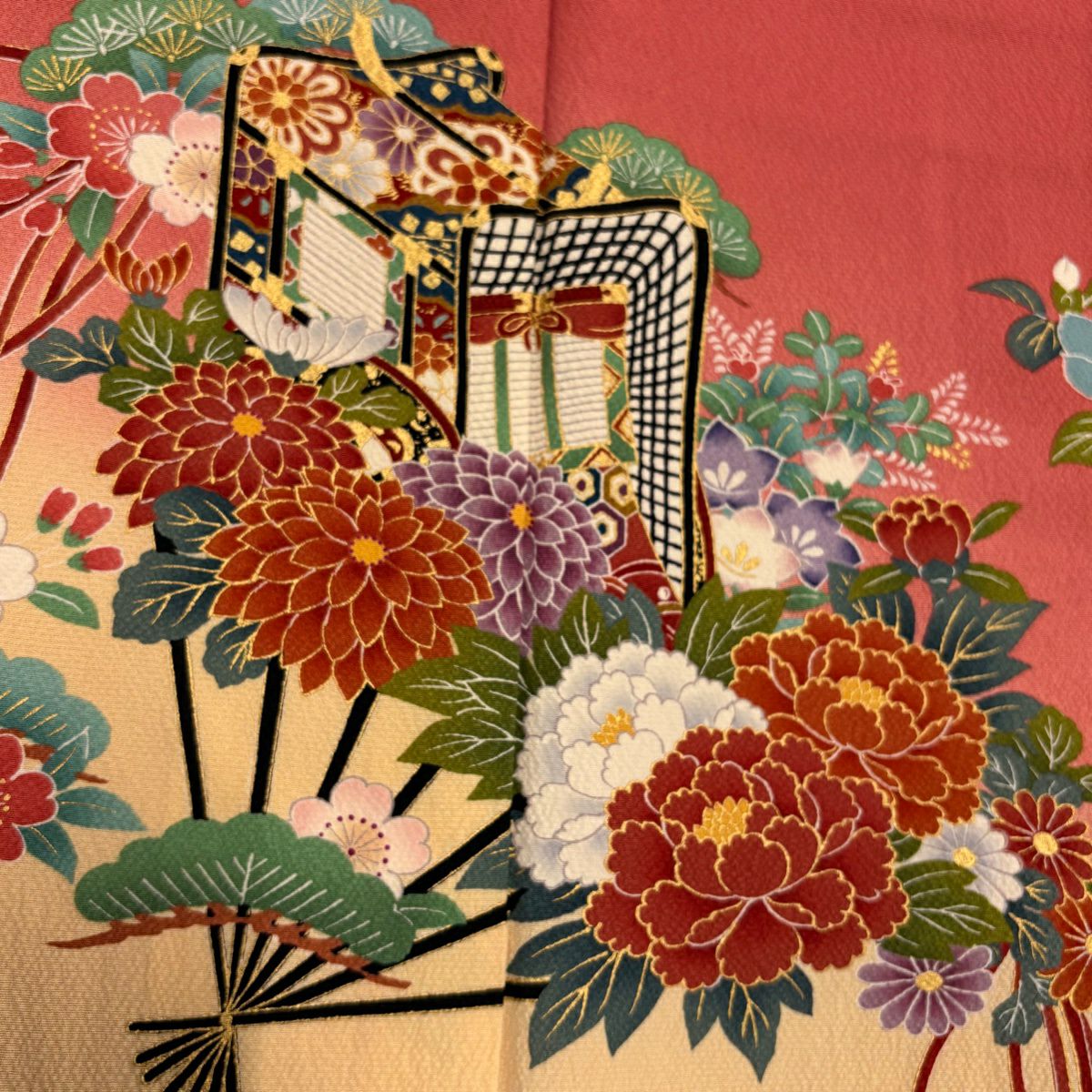 【美品】振袖禮服 身長163cm 袖長66.5cm M 雙層 花扇子 松樹 金銀彩 漸層 粉色 純蠶絲 名品級