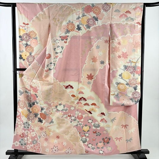 振袖禮服 身長160cm 袖長63.5cm S 雙層 落款あり 雪輪 菊花 金銀彩 粉紅 純蠶絲 名品級