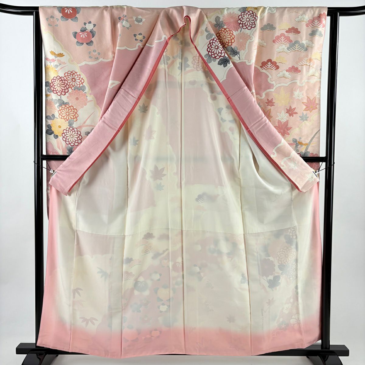 振袖禮服 身長160cm 袖長63.5cm S 雙層 落款あり 雪輪 菊花 金銀彩 粉紅 純蠶絲 名品級