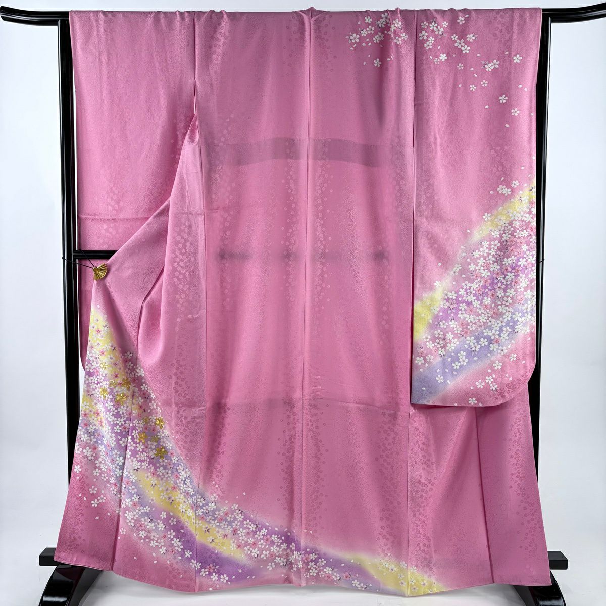 振袖禮服 身長165cm 袖長67cm M 雙層櫻櫻花瓣金絲金銀彩粉紅純蠶絲名品級