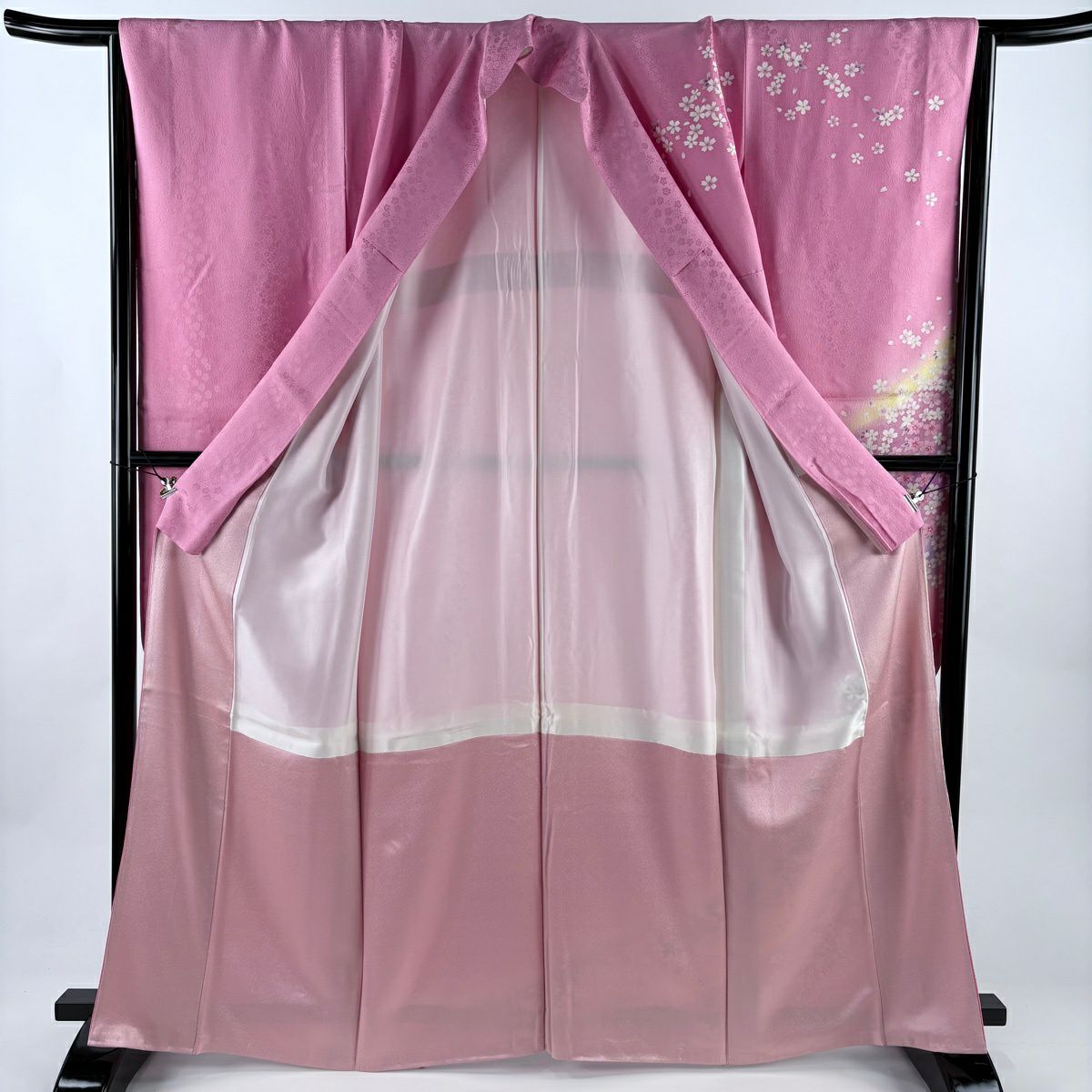 振袖禮服 身長165cm 袖長67cm M 雙層櫻櫻花瓣金絲金銀彩粉紅純蠶絲名品級