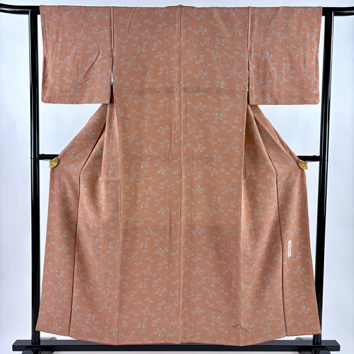 小紋 身長154cm 袖長61.5cm S 雙層 辻村ジュサブロー 落款あり 蝶 菊花 絞織 鮭粉紅 純蠶絲 名品級