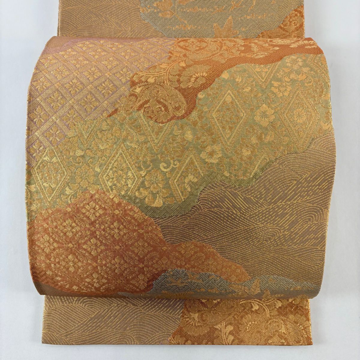【美品】 袋帶 名品級 草花紋紋 波 金絲 金金箔 金色 六通 純蠶絲