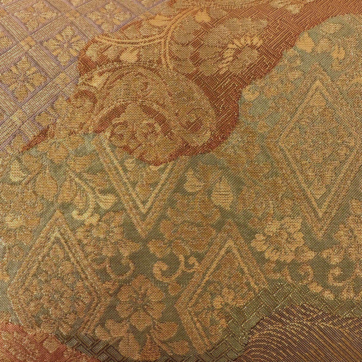 【美品】 袋帶 名品級 草花紋紋 波 金絲 金金箔 金色 六通 純蠶絲