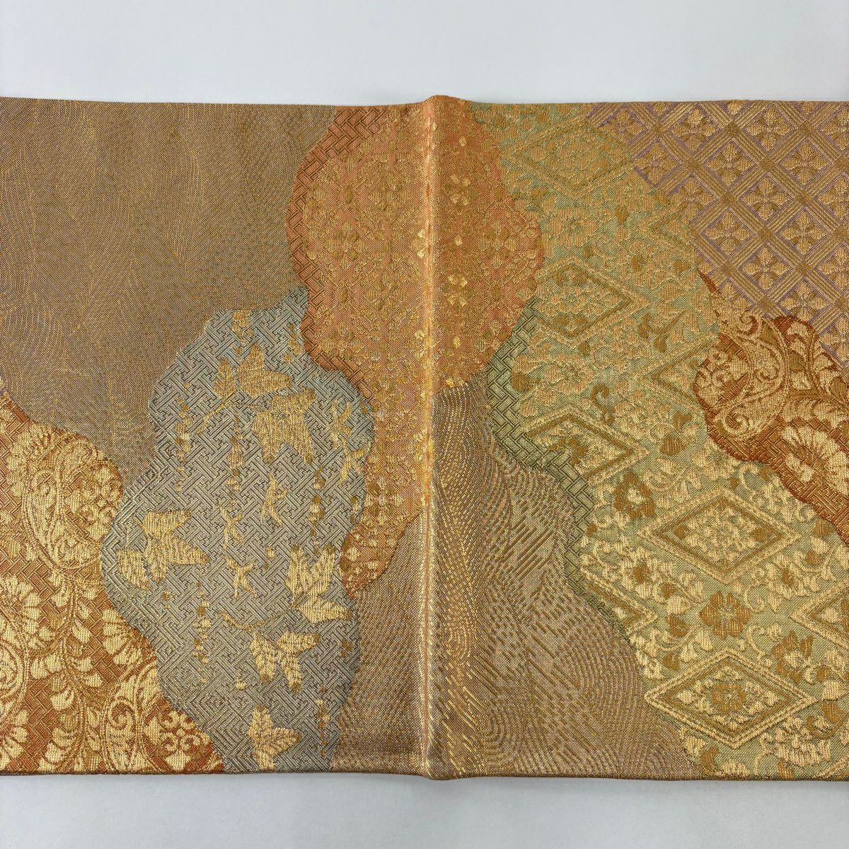 【美品】 袋帶 名品級 草花紋紋 波 金絲 金金箔 金色 六通 純蠶絲