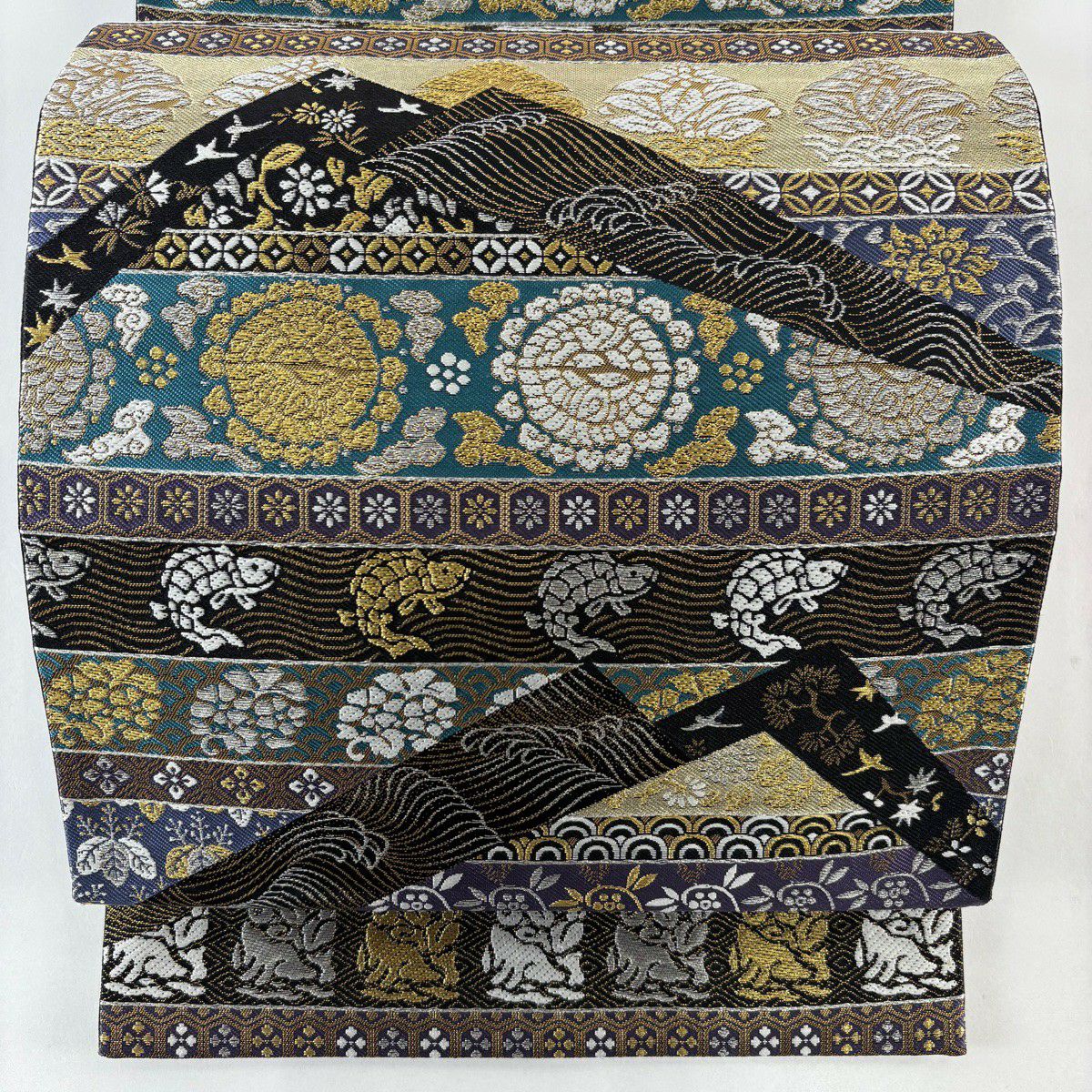【美品】 袋帶 名品級 荒磯 波 金銀糸 金金箔 黑 六通 純蠶絲