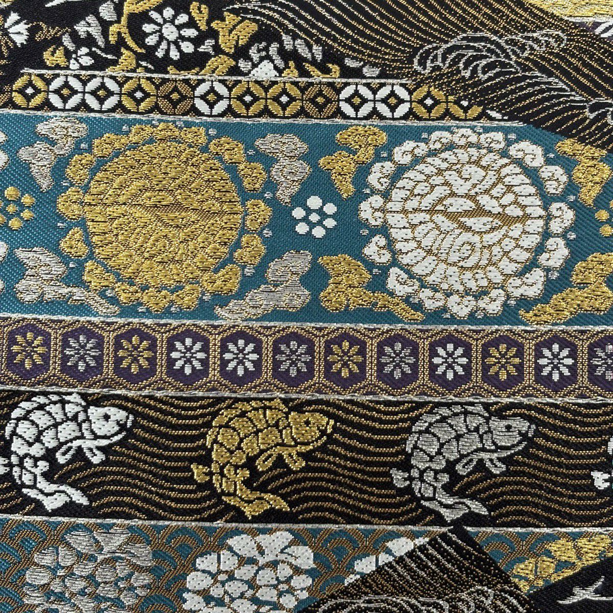 【美品】 袋帶 名品級 荒磯 波 金銀糸 金金箔 黑 六通 純蠶絲