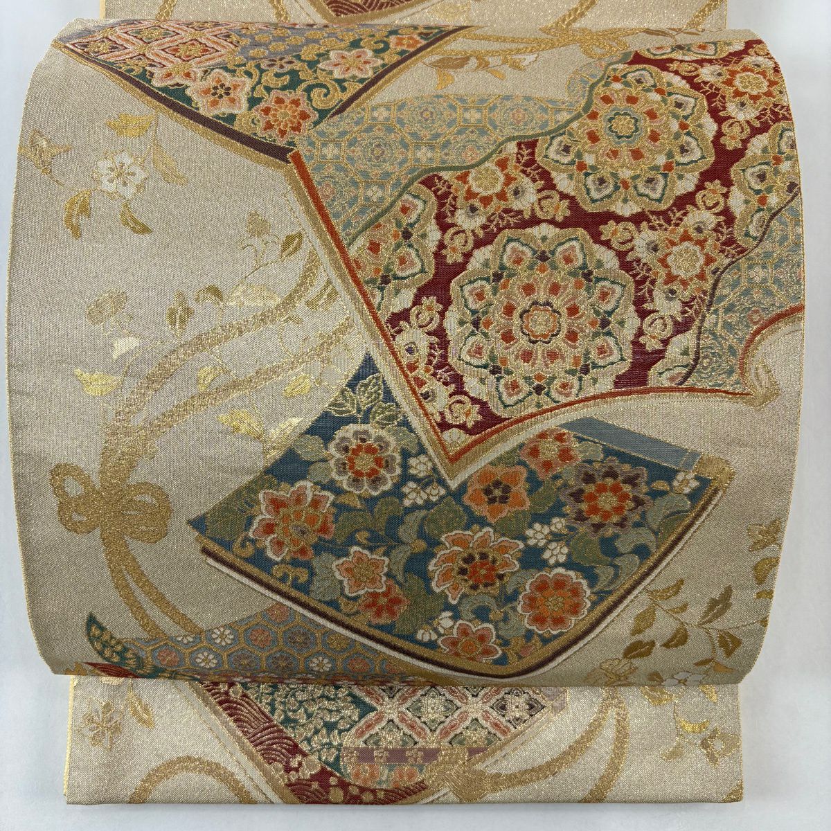 袋帶 名品級 落款 瑞金華紋 金金箔 金絲 米色 六通 純蠶絲