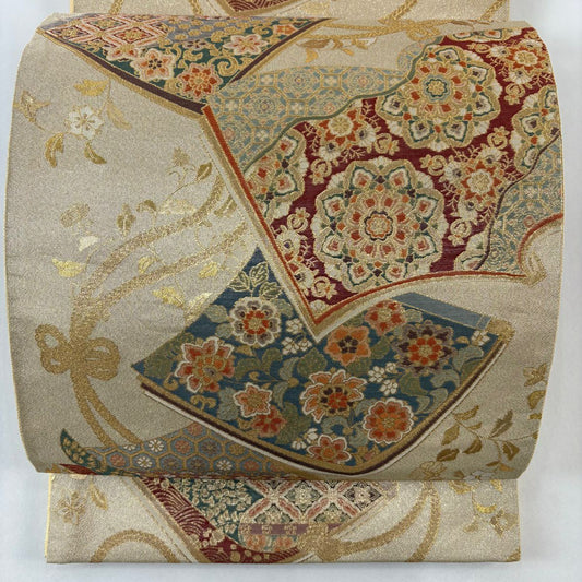 袋帶 名品級 落款 瑞金華紋 金金箔 金絲 米色 六通 純蠶絲