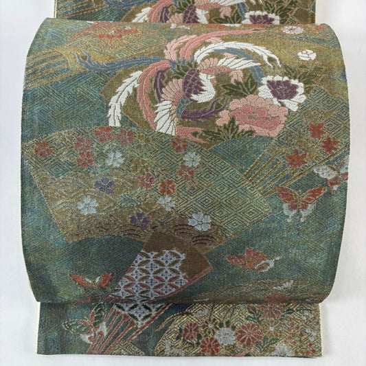 袋帶 名品級 扇子子 蝶 金金箔 金絲 淺綠 六通 純蠶絲
