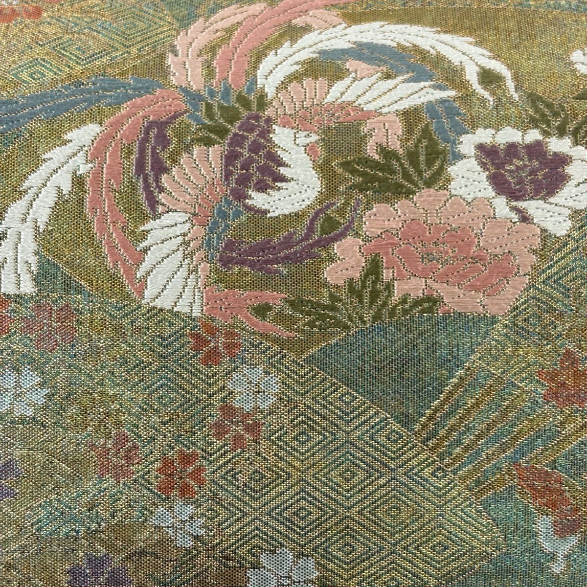 袋帶 名品級 扇子子 蝶 金金箔 金絲 淺綠 六通 純蠶絲