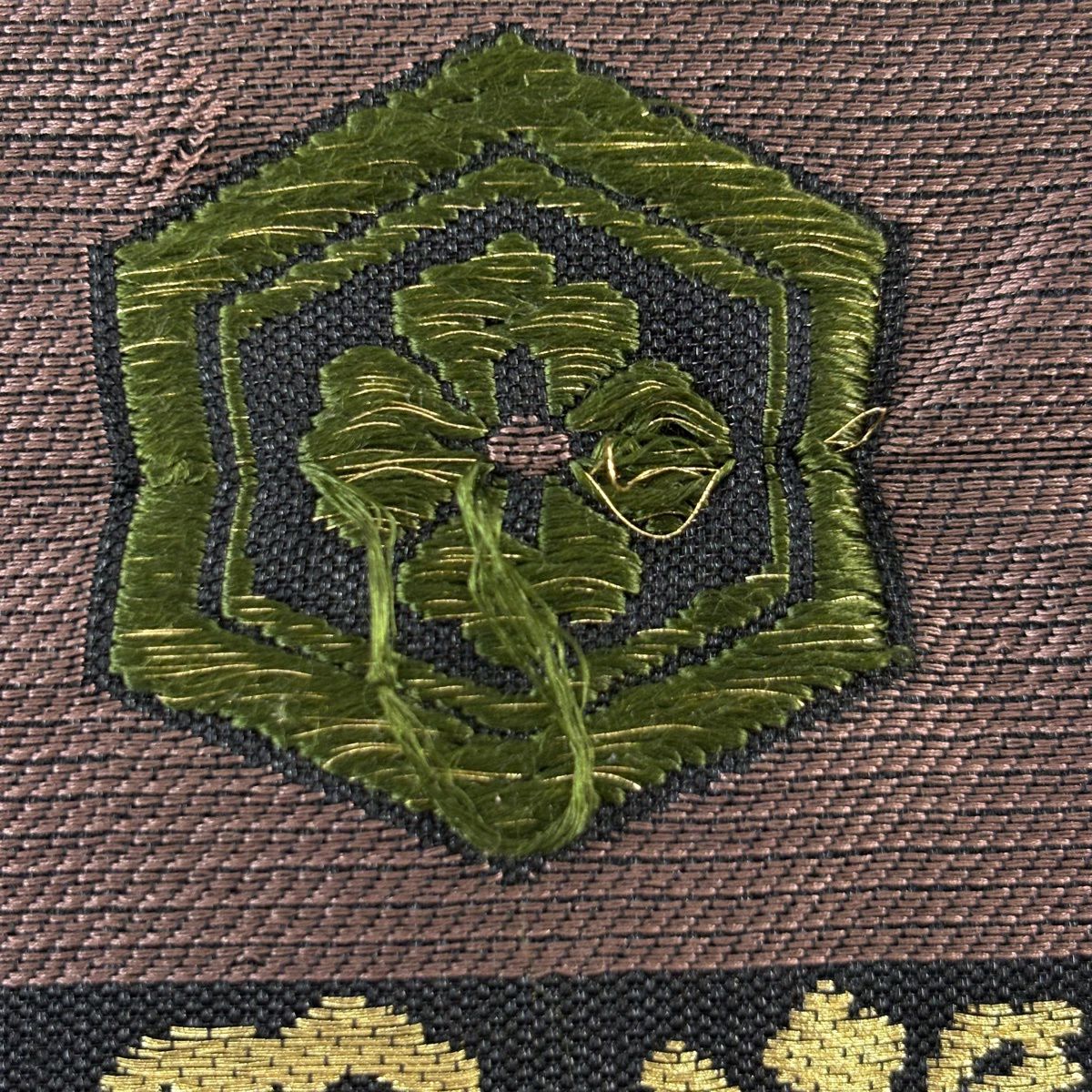 袋帶 名品級 市松樹 草花紋 金糸 黑 六通 純蠶絲