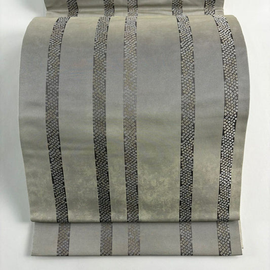 【美品】 袋帶 名品級 加納幸 落款あり 縞 疋田紋 金金箔 灰色 六通 純蠶絲