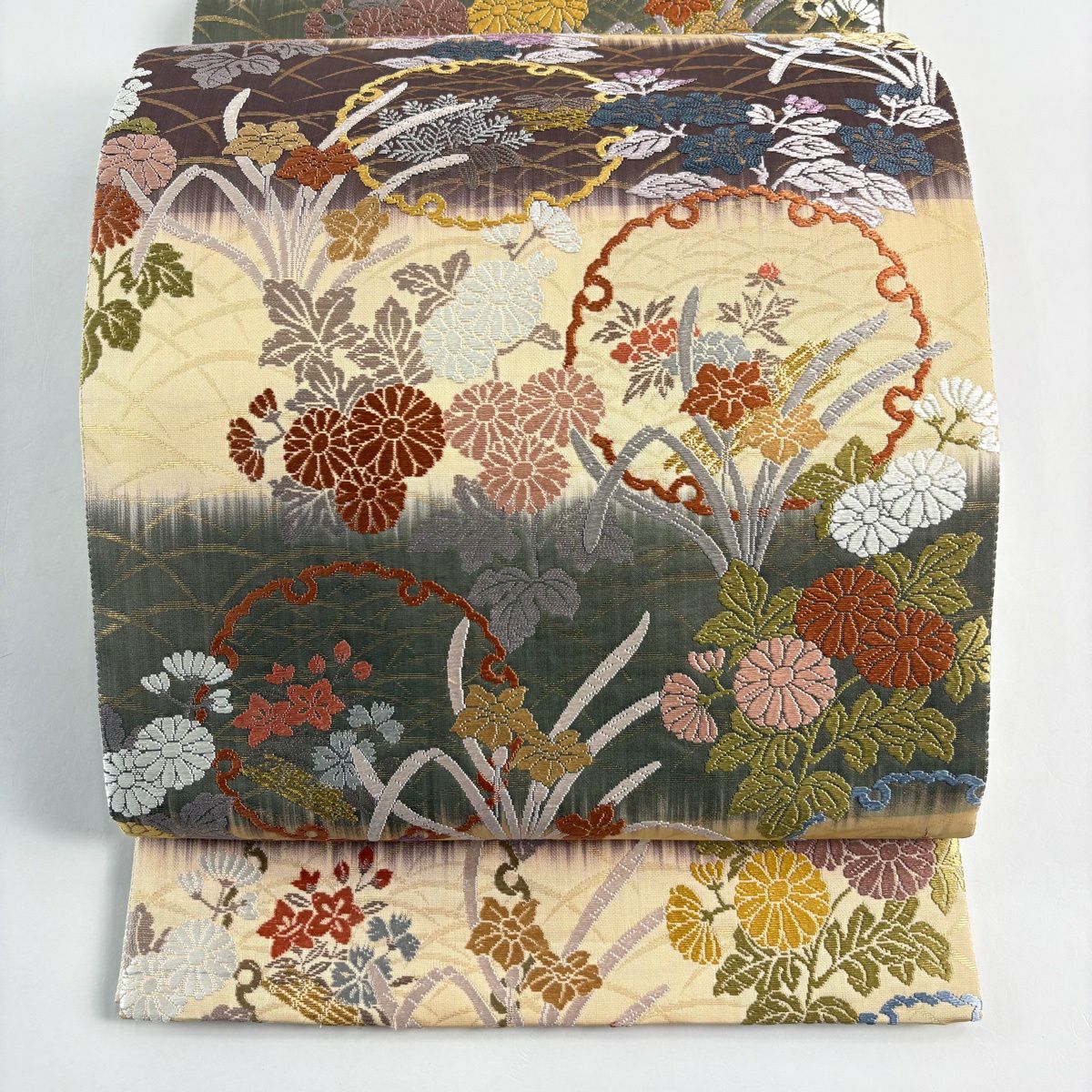 【美品】 袋帶 名品級 雪輪 菊花 金金箔 金絲 米色 六通 純蠶絲
