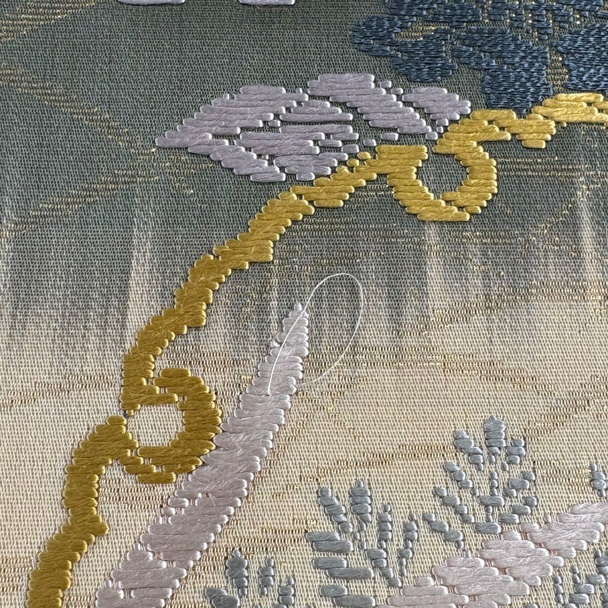 【美品】 袋帶 名品級 雪輪 菊花 金金箔 金絲 米色 六通 純蠶絲