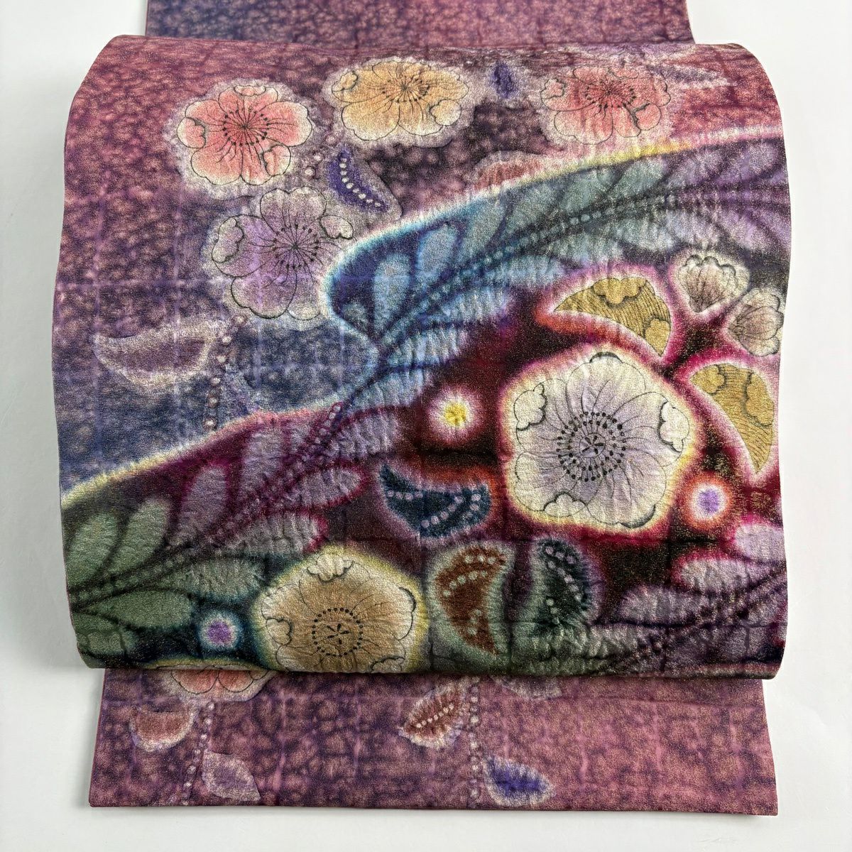 【美品】 袋帶 名品級 落款あり 辻花染 霞 金通し ぼかし 紫 お太鼓柄 純蠶絲