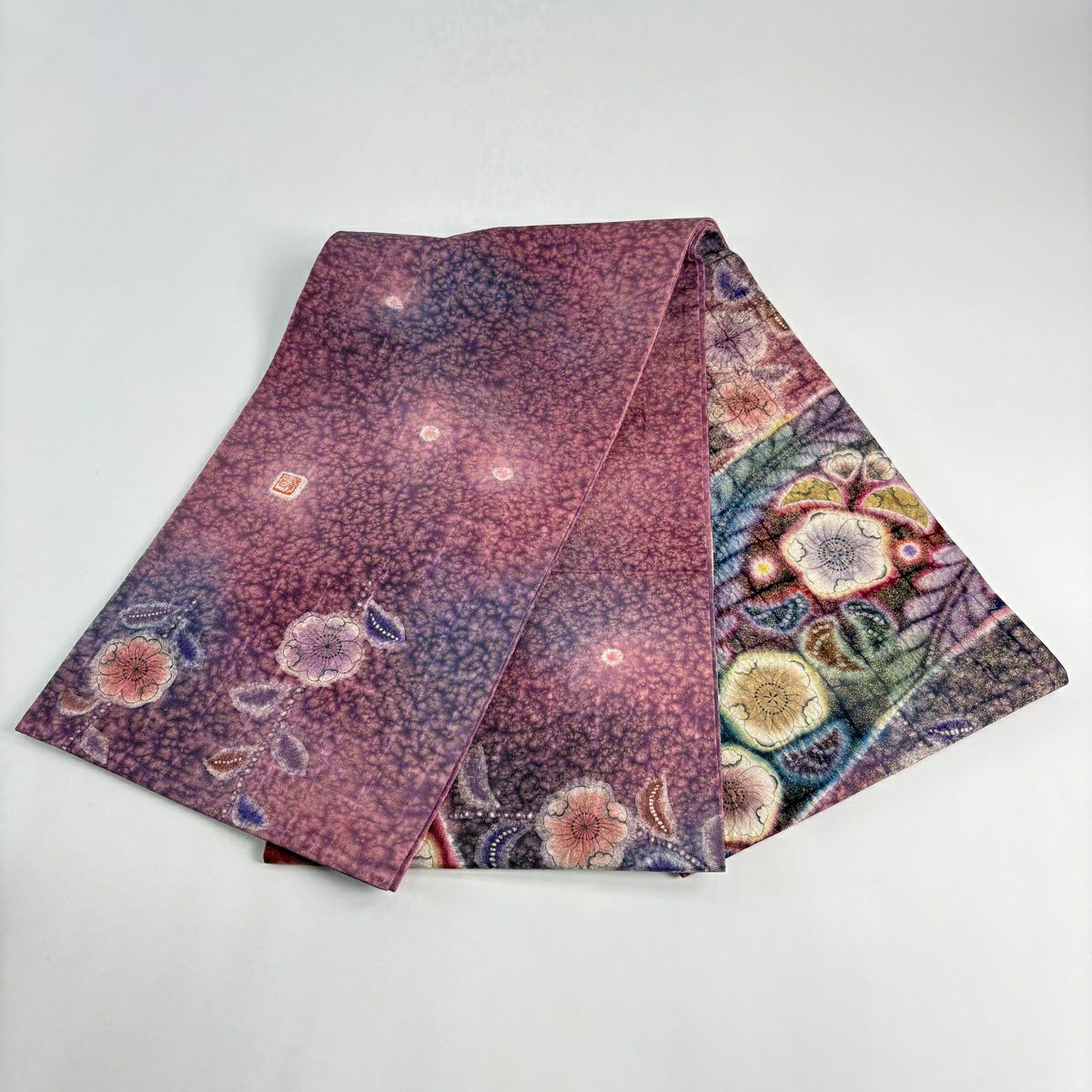 【美品】 袋帶 名品級 落款あり 辻花染 霞 金通し ぼかし 紫 お太鼓柄 純蠶絲