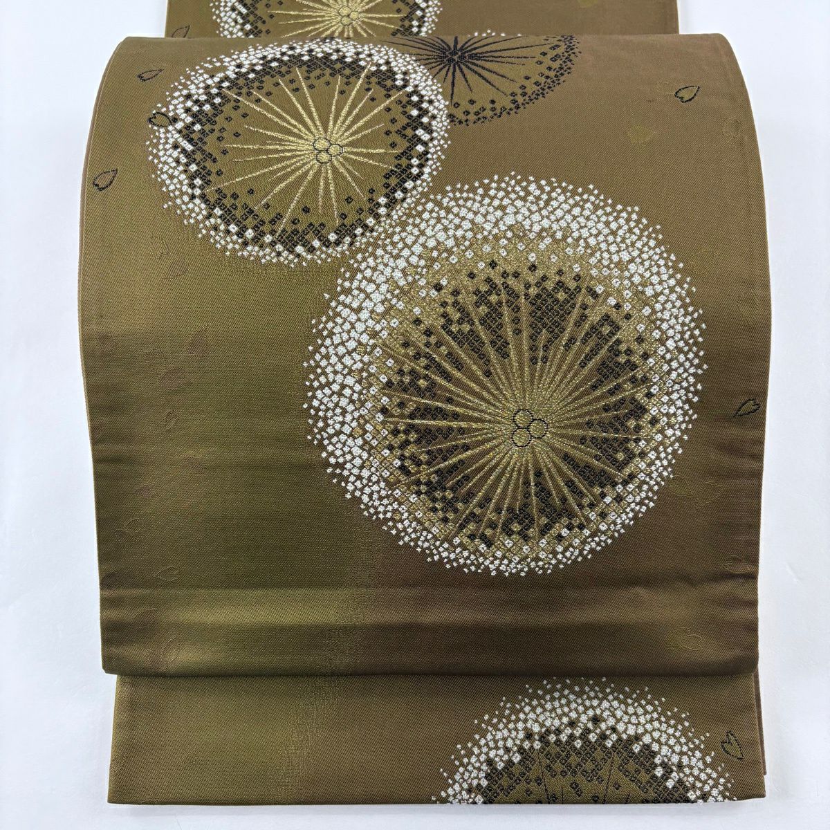 【美品】 袋帶 秀品級 若松樹 花瓣 金絲 金金箔 茶綠 六通 純蠶絲