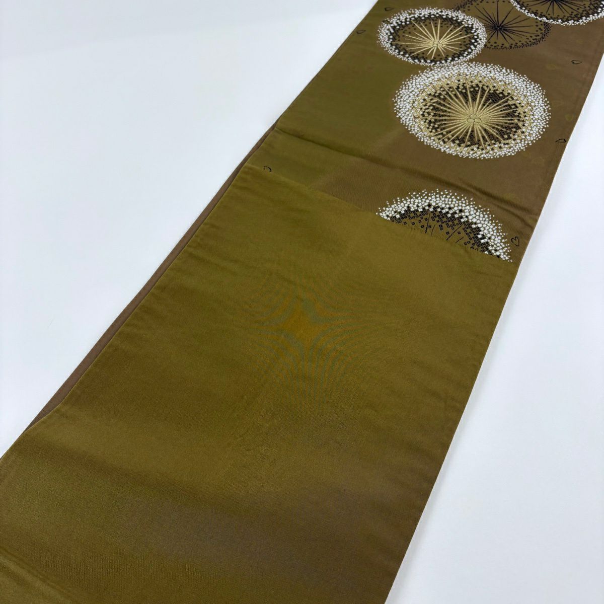 【美品】 袋帶 秀品級 若松樹 花瓣 金絲 金金箔 茶綠 六通 純蠶絲