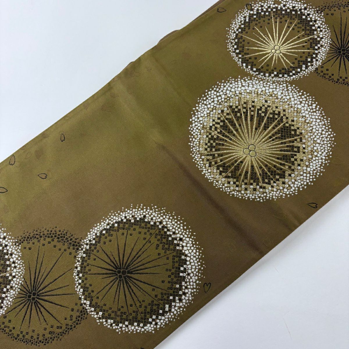【美品】 袋帶 秀品級 若松樹 花瓣 金絲 金金箔 茶綠 六通 純蠶絲