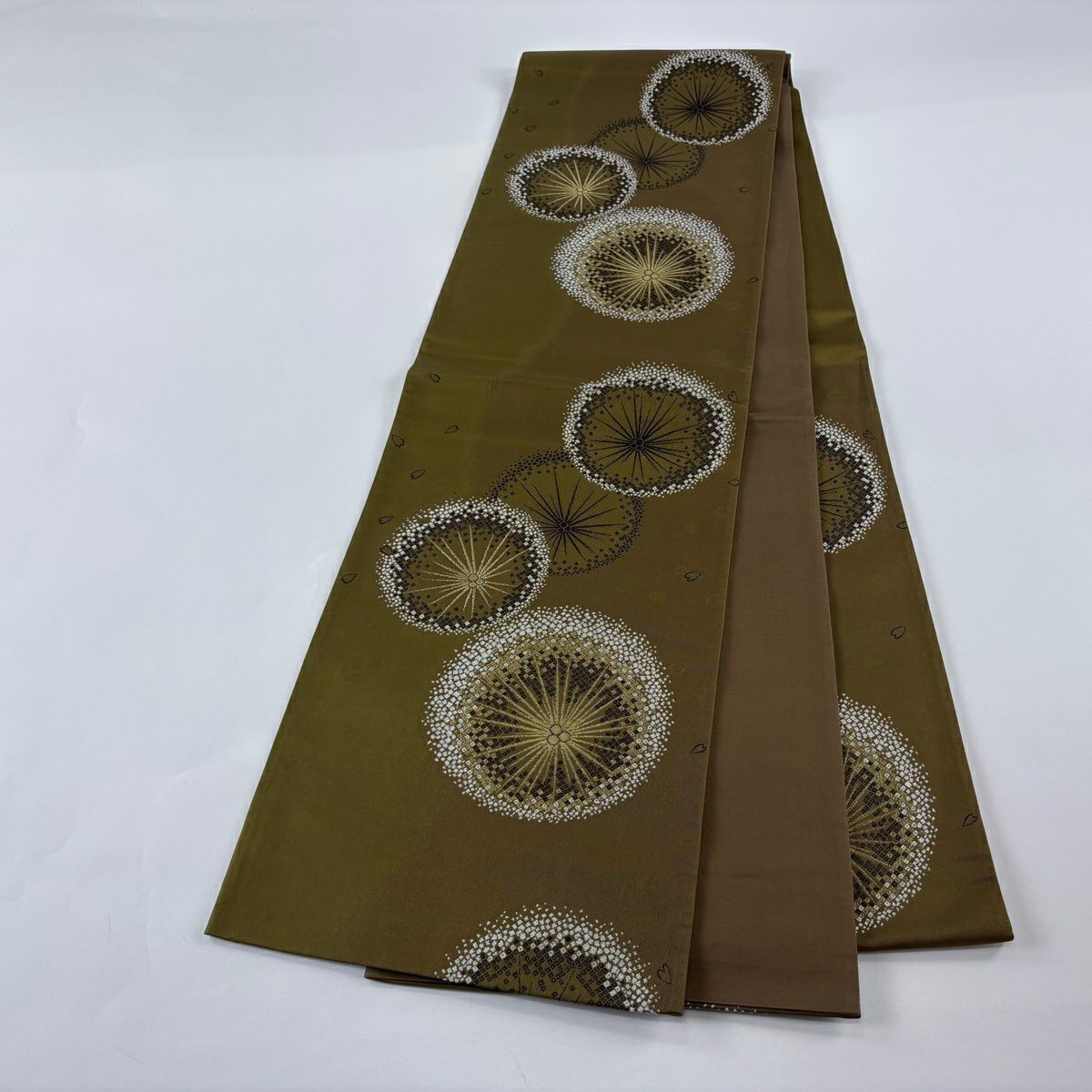 【美品】 袋帶 秀品級 若松樹 花瓣 金絲 金金箔 茶綠 六通 純蠶絲