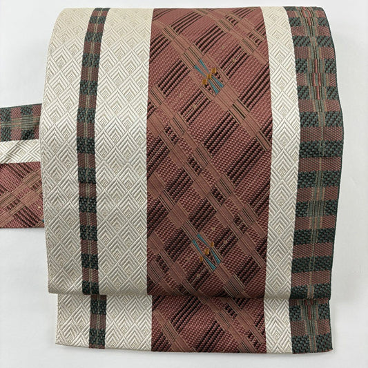 【美品】名古屋帶 優品級 八寸名古屋帶 紗紋 幾何學 金絲 紅茶 純蠶絲