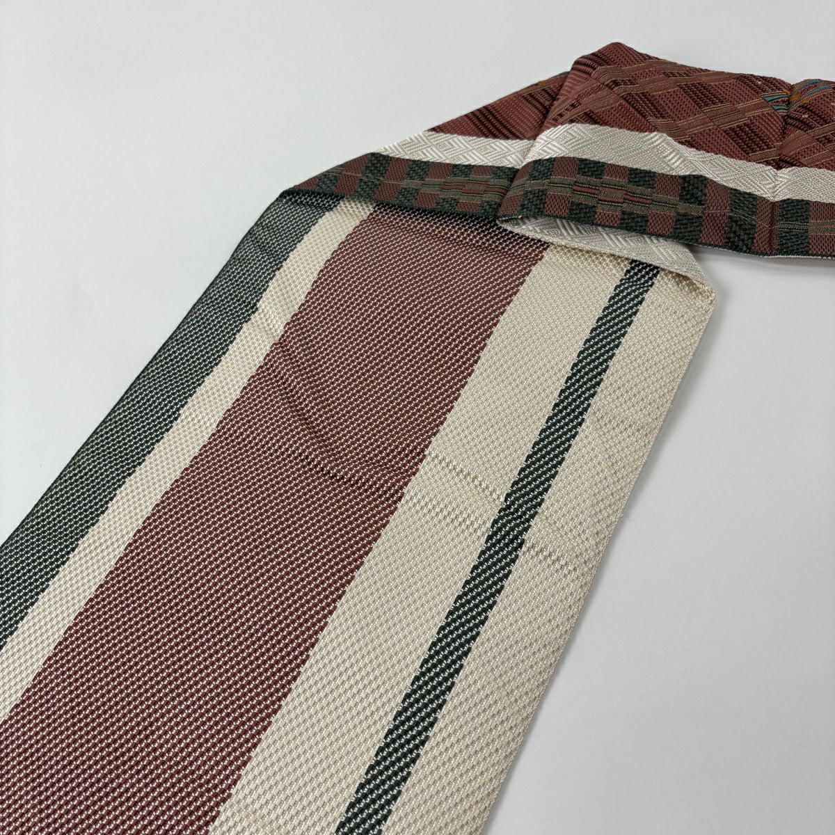 【美品】名古屋帶 優品級 八寸名古屋帶 紗紋 幾何學 金絲 紅茶 純蠶絲
