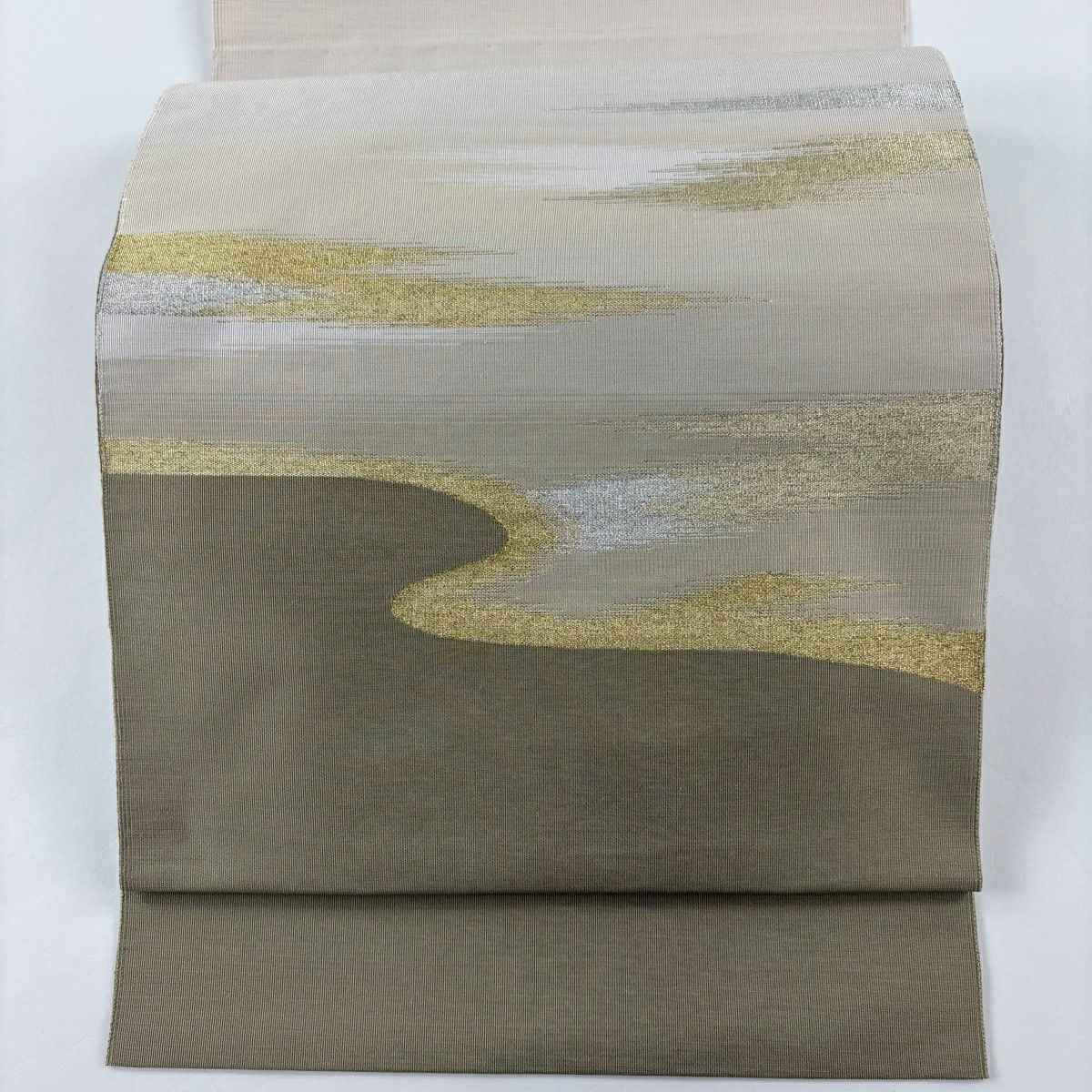 【美品】 名古屋帶 秀品級 八寸名古屋帶 松樹葉仕立 紗 金銀彩 米色 純蠶絲