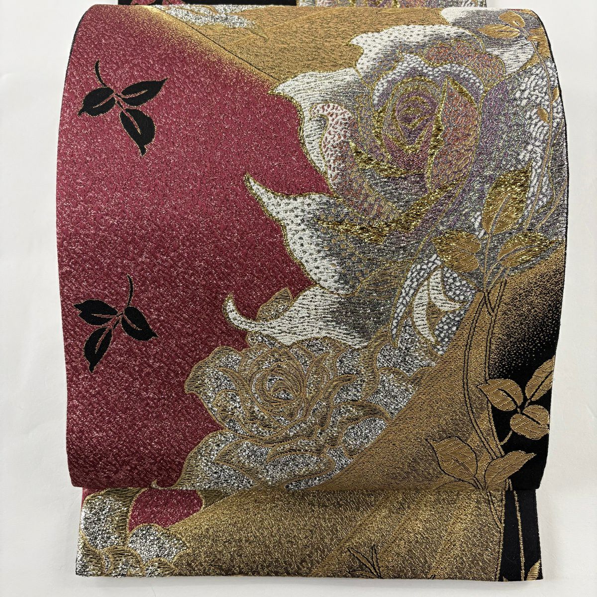 【美品】 袋帶 秀品級 薔薇 金金箔 唐織 深粉紅 六通 純蠶絲