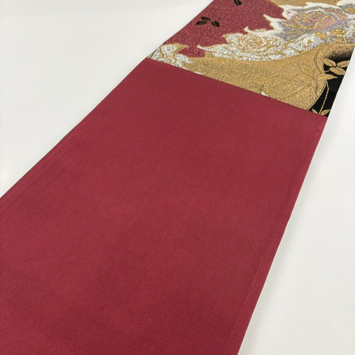 【美品】 袋帶 秀品級 薔薇 金金箔 唐織 深粉紅 六通 純蠶絲