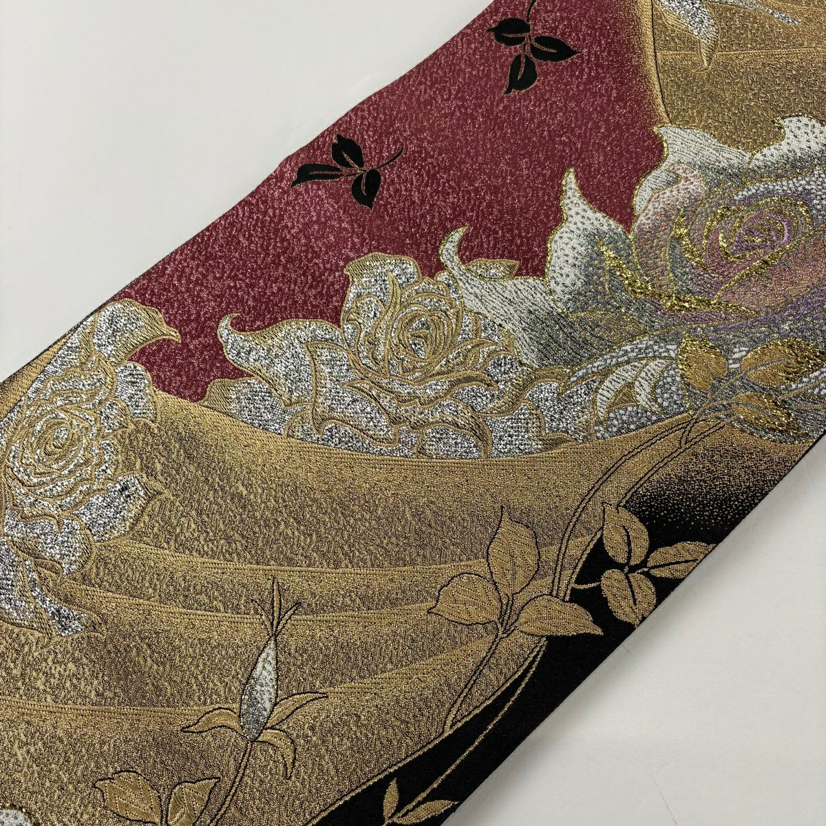 【美品】 袋帶 秀品級 薔薇 金金箔 唐織 深粉紅 六通 純蠶絲