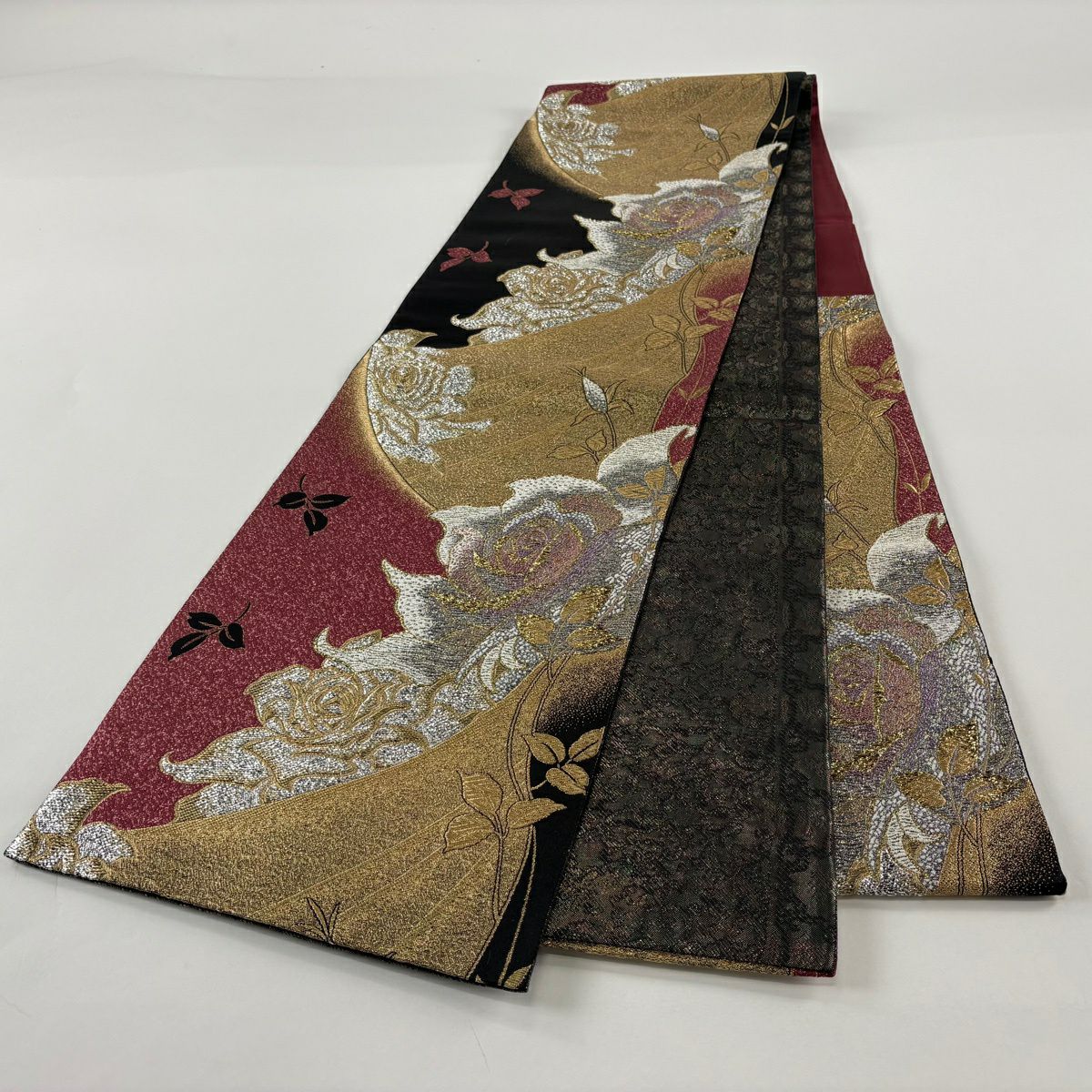 【美品】 袋帶 秀品級 薔薇 金金箔 唐織 深粉紅 六通 純蠶絲