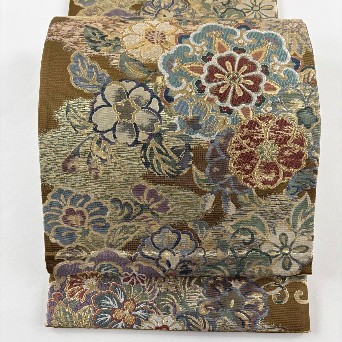 【美品】 袋帶 秀品級 古錦集寶紋 金絲 金金箔 山吹茶 六通 純蠶絲