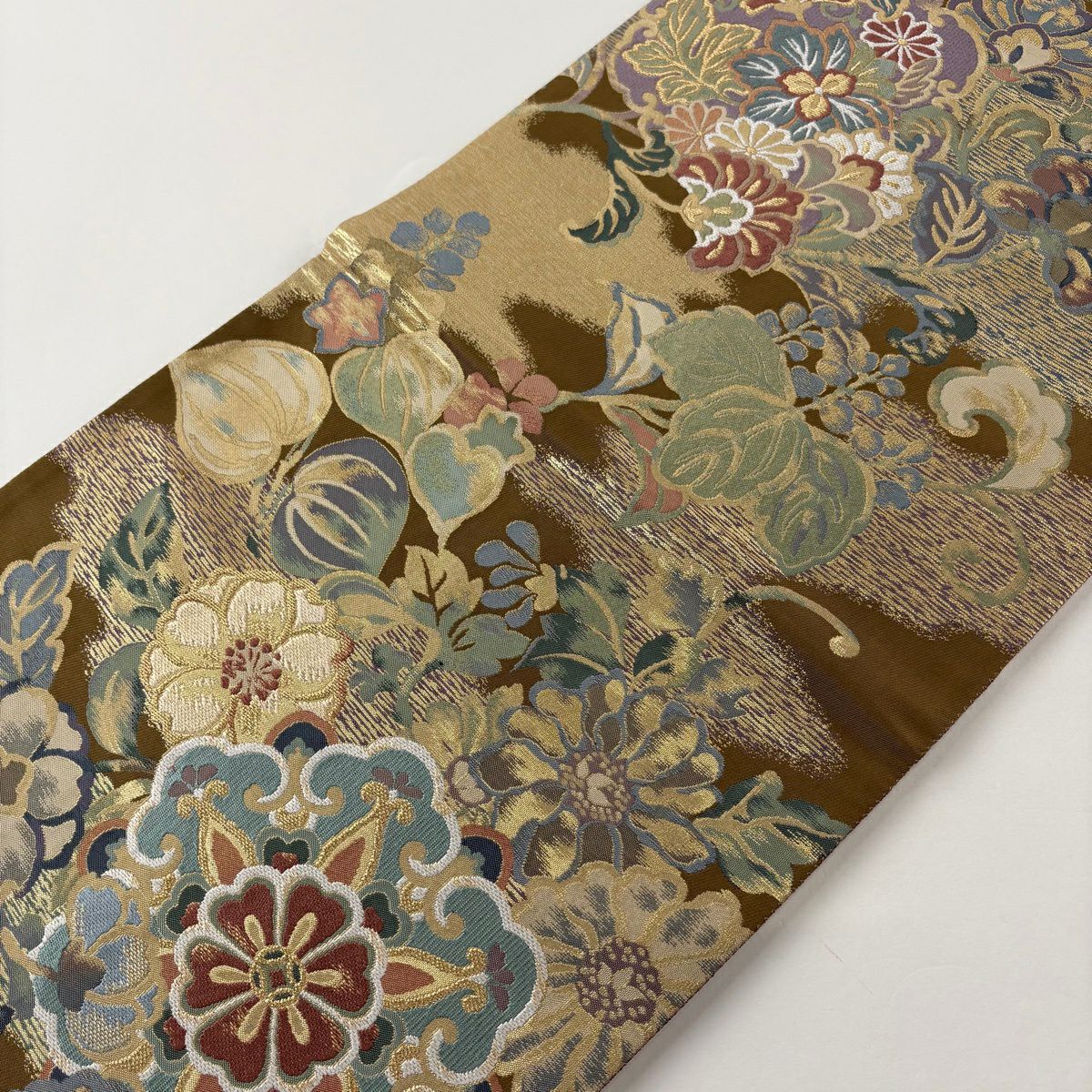 【美品】 袋帶 秀品級 古錦集寶紋 金絲 金金箔 山吹茶 六通 純蠶絲