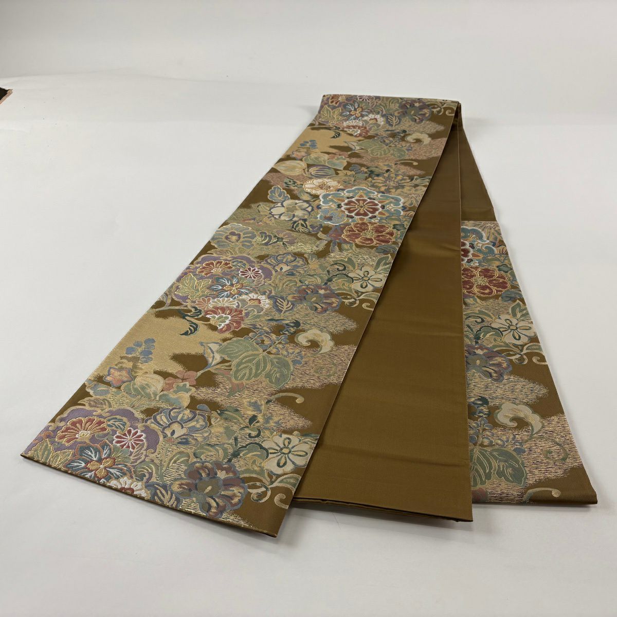 【美品】 袋帶 秀品級 古錦集寶紋 金絲 金金箔 山吹茶 六通 純蠶絲