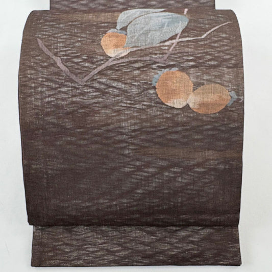 袋帶 秀品級 夏帶 柿 霞 金金箔 金絲 焦茶 素材 純蠶絲
