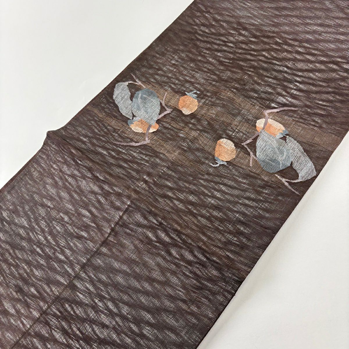 袋帶 秀品級 夏帶 柿 霞 金金箔 金絲 焦茶 素材 純蠶絲