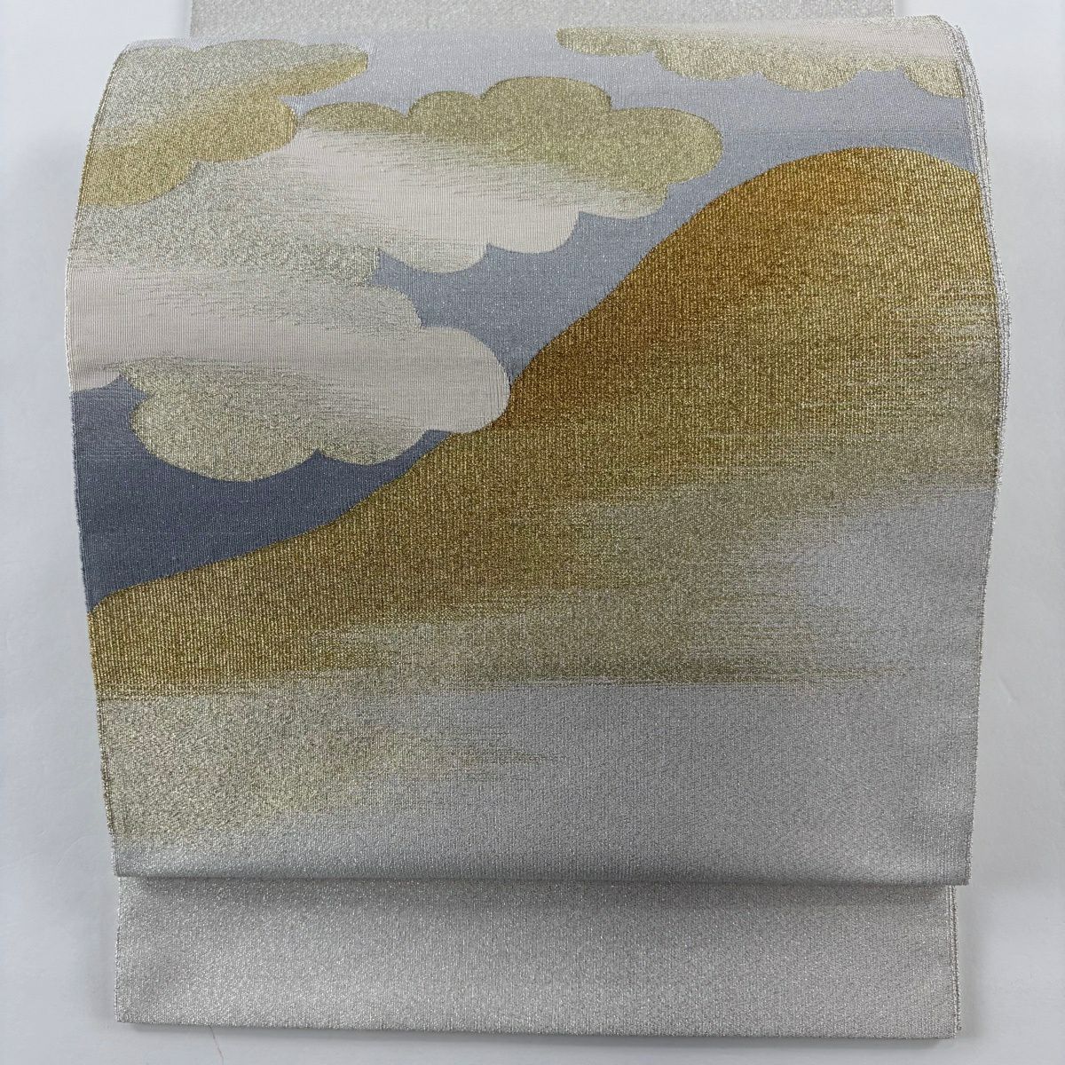 【美品】 袋帶 秀品級 雲文 山 金糸 金金箔 青灰 純蠶絲