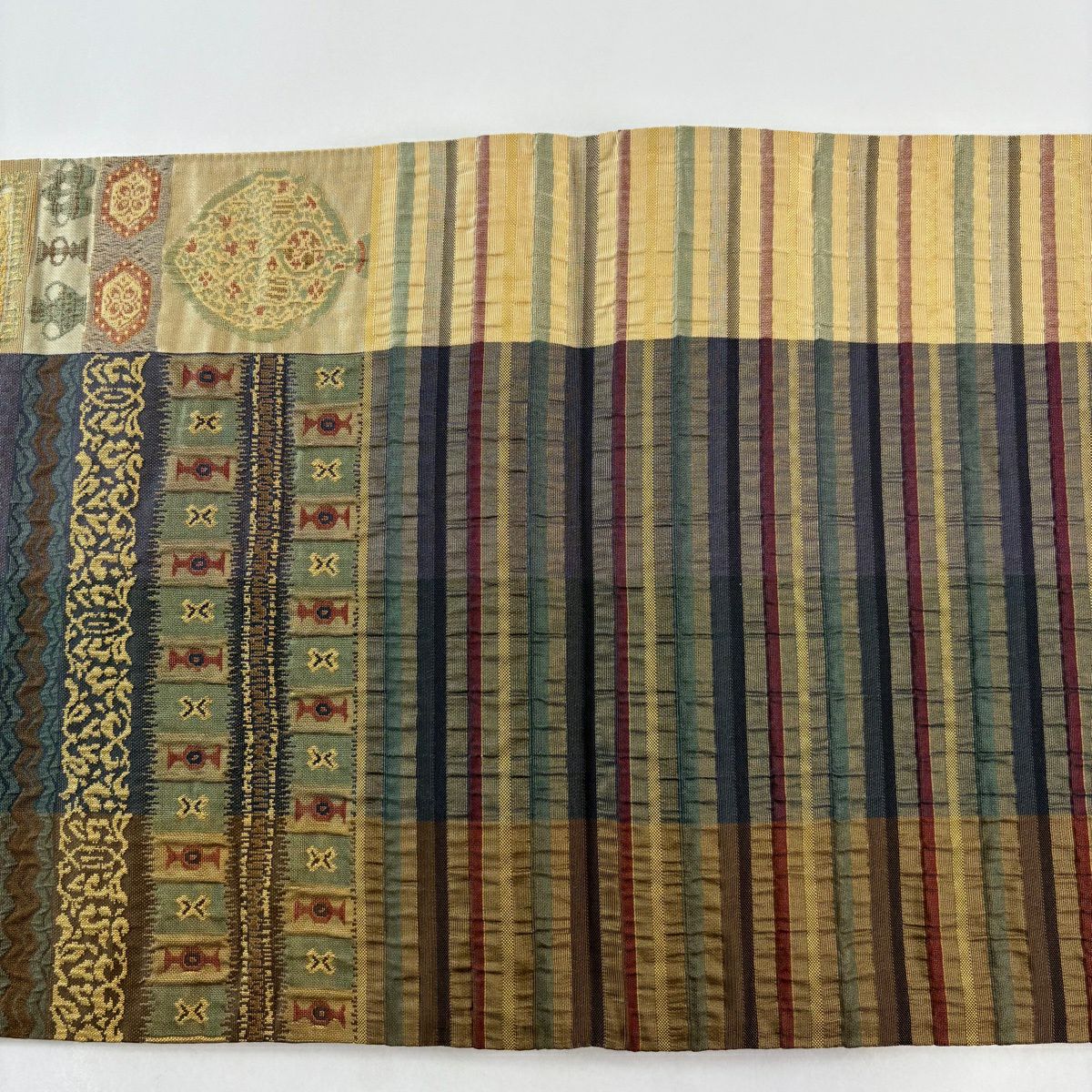 【美品】 袋帶 秀品級 樹木 幾何圖案 米色 六通 純蠶絲