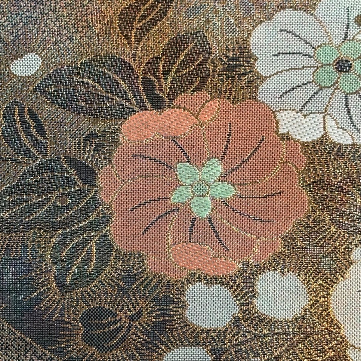袋帶 秀品級 草花紋紋 唐草紋 金金箔 青綠 六通 純蠶絲