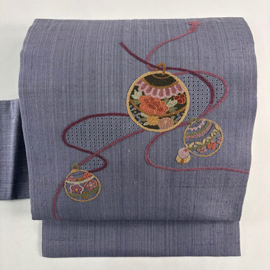 【美品】名古屋帶 優品級 紬織織 鈴 相良刺繡 金絲 灰紫 純蠶絲