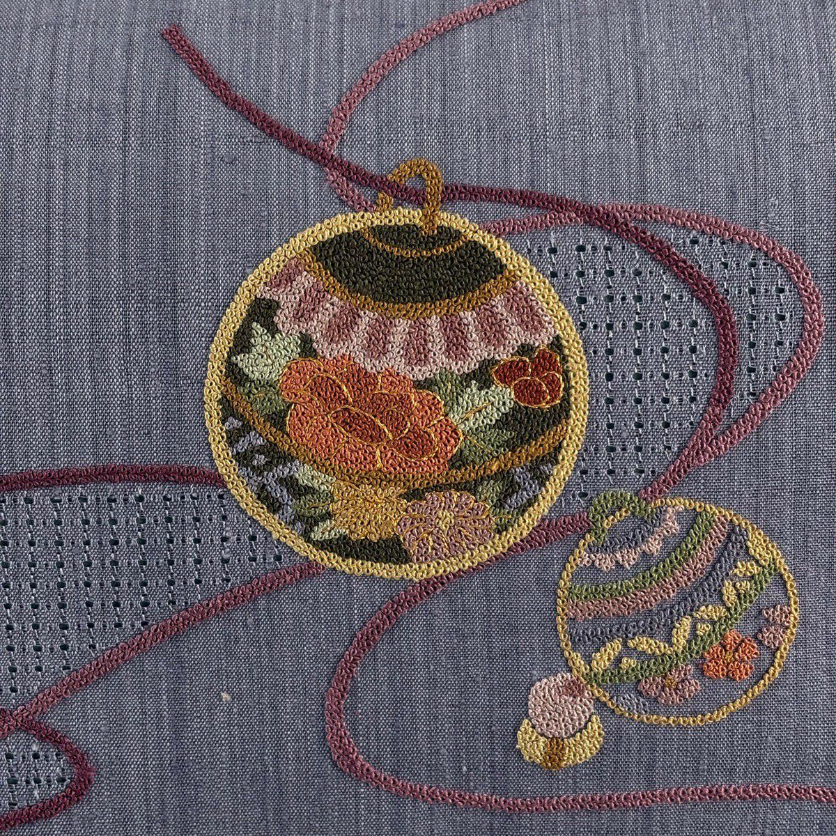 【美品】名古屋帶 優品級 紬織織 鈴 相良刺繡 金絲 灰紫 純蠶絲