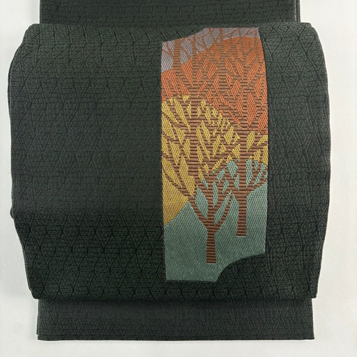 【美品】 袋帶 秀品級 落款あり 樹木 深藍 お太鼓柄 純蠶絲