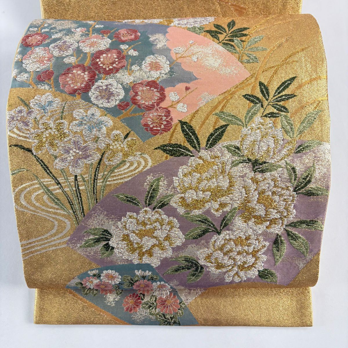 袋帶 秀品級 扇子 草花紋 金金箔 金色 六通 純蠶絲