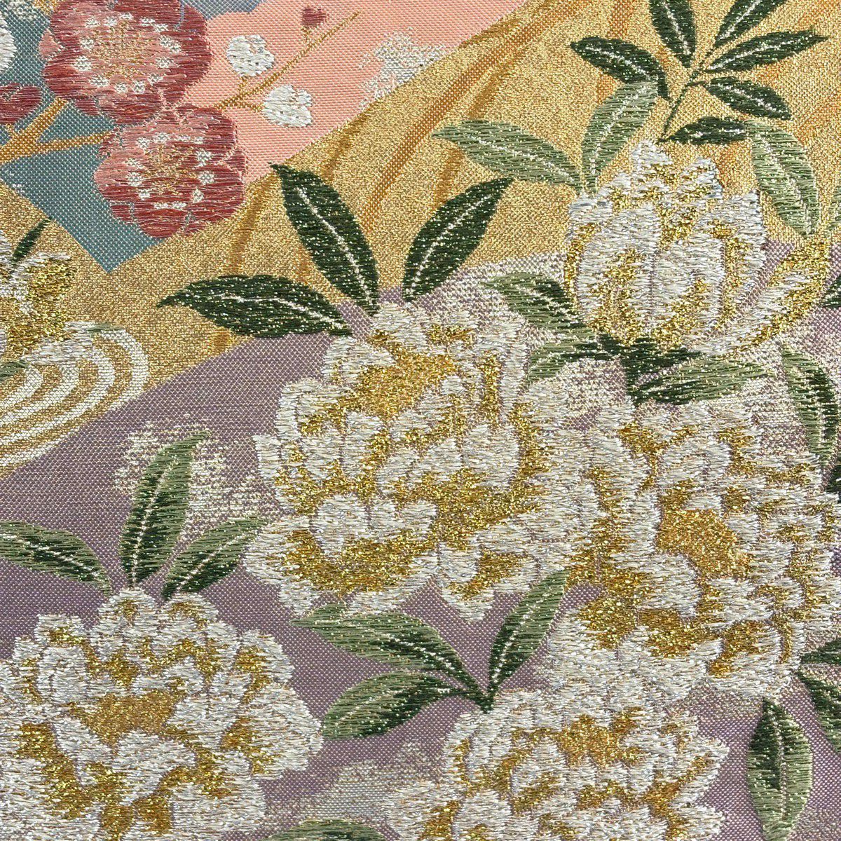 袋帶 秀品級 扇子 草花紋 金金箔 金色 六通 純蠶絲