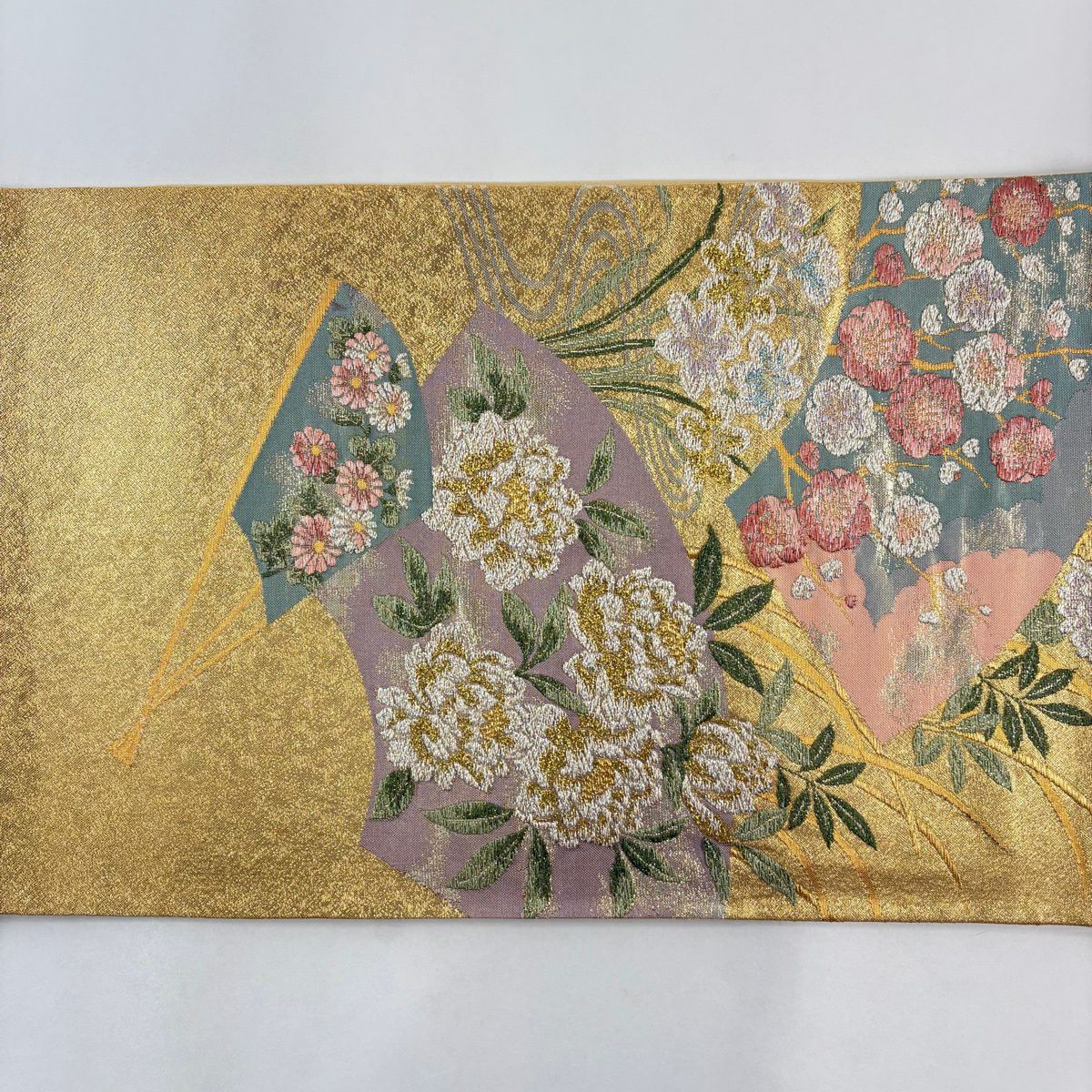 袋帶 秀品級 扇子 草花紋 金金箔 金色 六通 純蠶絲