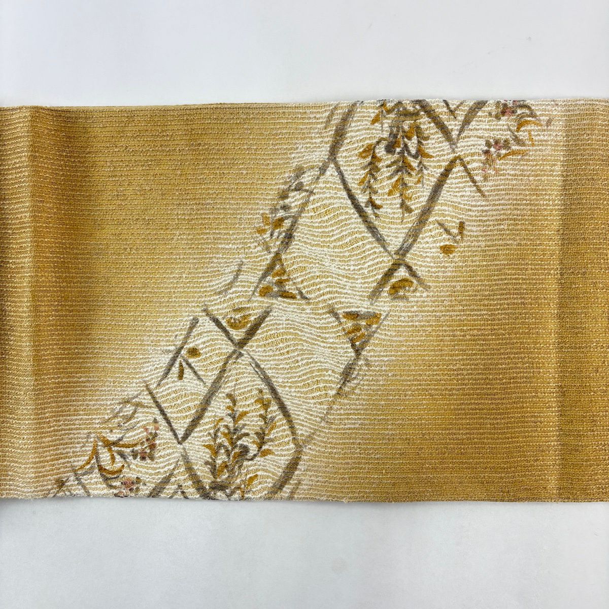 【美品】 袋帶 秀品級 草花紋 薄黃土 深藍色 お太鼓圖案 純蠶絲