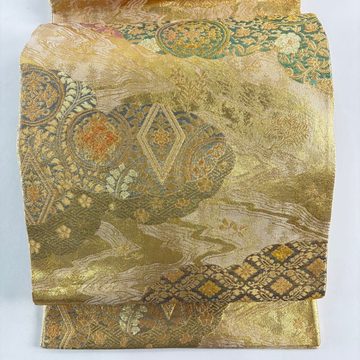 袋帶 秀品級 雲紋 草花紋紋 金金箔 金絲 金 六通 純蠶絲