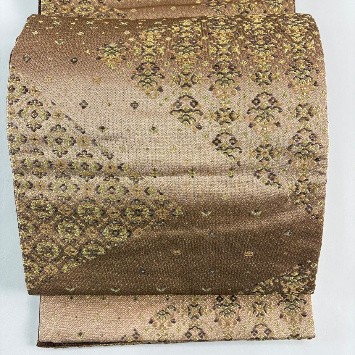 【美品】 袋帶 秀品級 花菱 金絲 茶 六通 純蠶絲