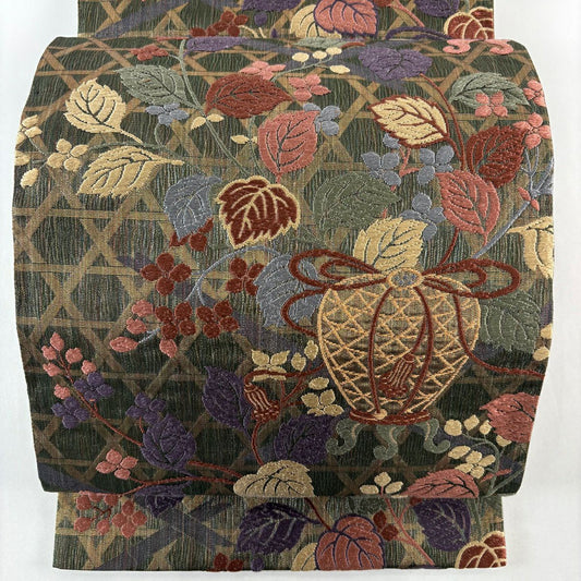 袋帶 名品級 花井幸子 落款あり お仕覆 草花紋 唐織 金金箔 茶綠 六通 純蠶絲